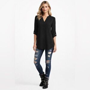 Naked Zebra Black Blouse 3/4 Sleeve - Long Sleeve Black Tunic Top - Size Small